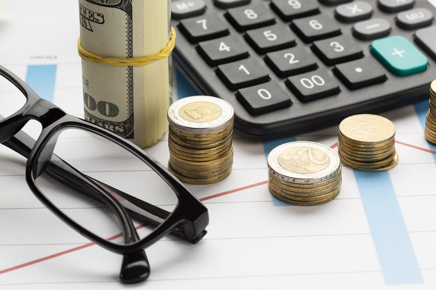Zdjęcie przedstawiajace okulary oraz kilka stosików monet w walucie euro leżących na wykresie