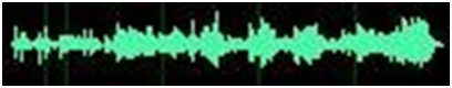 widok na zapis dźwiękowy w postaci oscylogramu, przedstawiającego wykres fal dźwiękowych w kolorze zielonym na czarnym tle